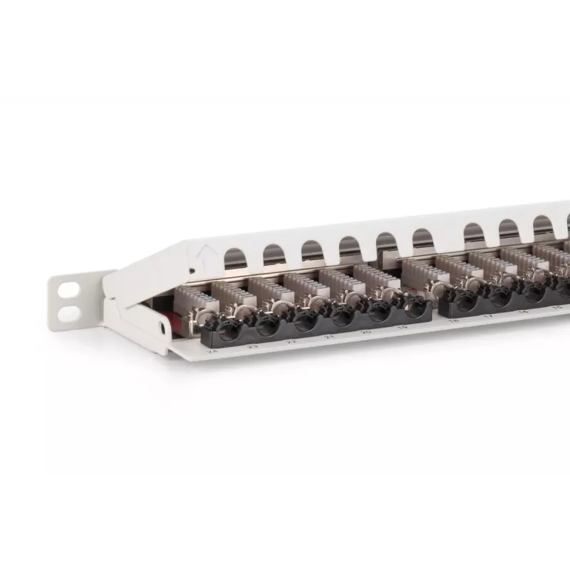 DIGITUS Patch panel CAT6A EA shielded, 24-port RJ45 dust cover, 8P8C, 0.5U, grey RAL 7035