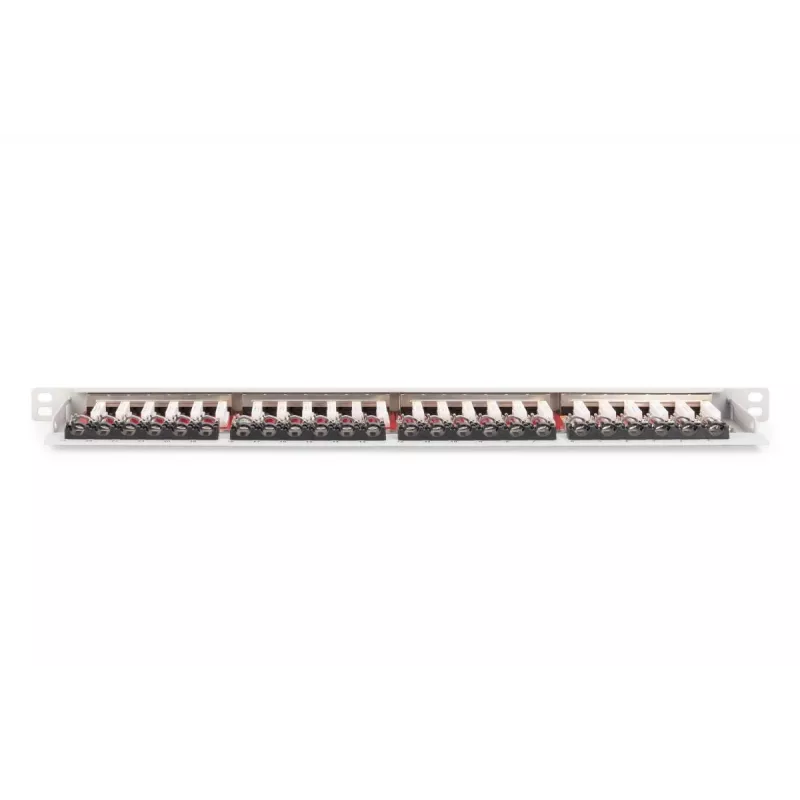 DIGITUS Patch panel CAT6A EA shielded, 24-port RJ45 dust cover, 8P8C, 0.5U, grey RAL 7035