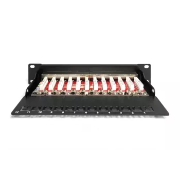 DIGITUS CAT6A Patch Panel, shielded,12-Port label field, 1U, 10in rack mount, black RAL 9005