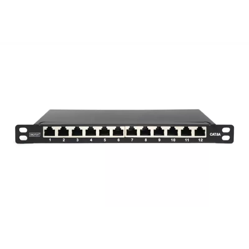 DIGITUS CAT6A Patch Panel, shielded,12-Port 1/2U, 10in rack mount, black RAL 9005