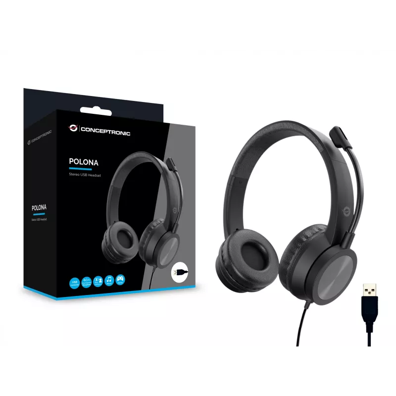 Conceptronic POLONA05B Stereo USB Headset, Noise Cancelling Microphone