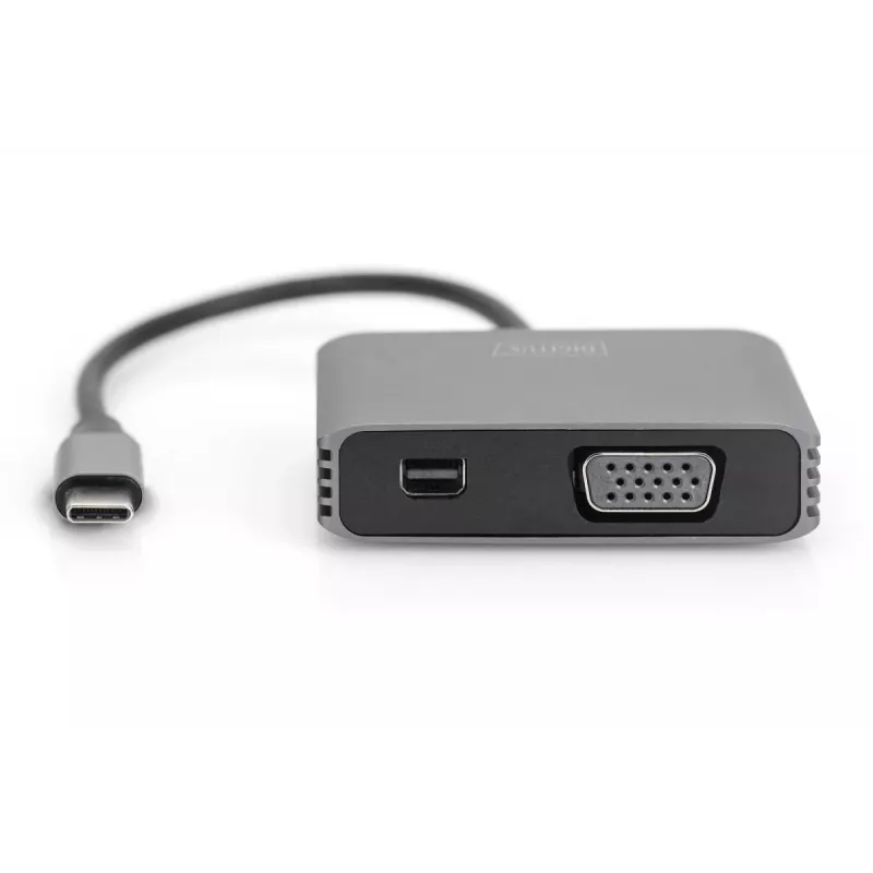 DIGITUS USB-C - mini DP + VGA Adapter, 20 cm 4K/30Hz, silver, aluminum housing