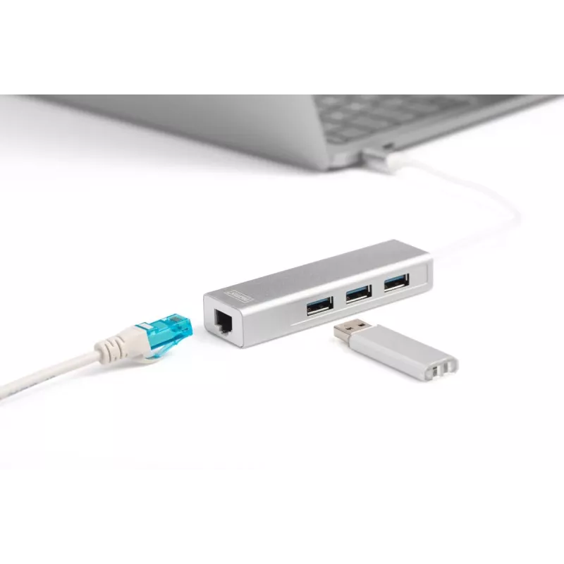 DIGITUS 3 Port USB 3.0 Type C Hub with Gigabit Ethernet 3x USB A/F,1xUSB C/M,1x RJ45 LAN