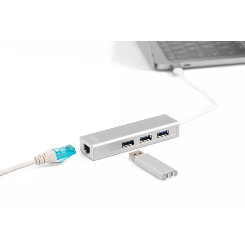 DIGITUS 3 Port USB 3.0 Type C Hub with Gigabit Ethernet 3x USB A/F,1xUSB C/M,1x RJ45 LAN