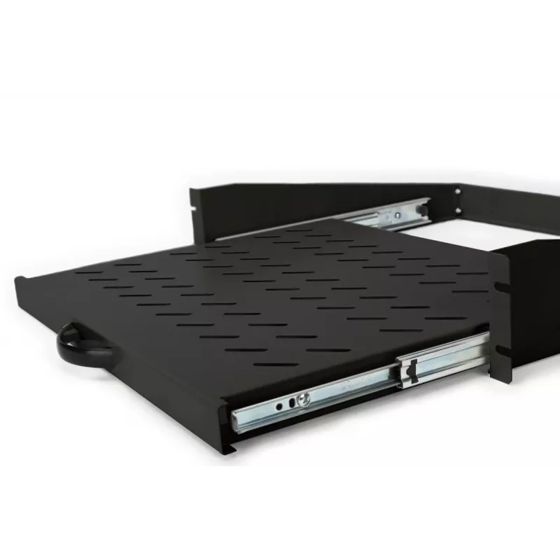 DIGITUS 2U extendib. shelf for cabinets from 450 mm depth 88x483x352 mm, up to 30 kg, black (RAL 9005)