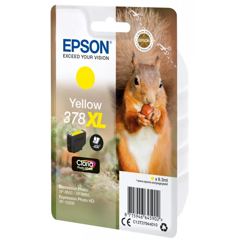 Epson Squirrel Singlepack Yellow 378XL Claria Photo HD Ink, High (XL) Yield, Yellow, Pigment-based ink, 9.3 ml, 1 pc(s), 830 pages