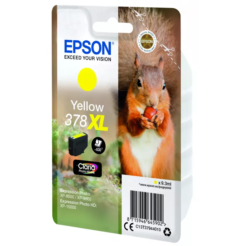 Epson Squirrel Singlepack Yellow 378XL Claria Photo HD Ink, High (XL) Yield, Yellow, Pigment-based ink, 9.3 ml, 1 pc(s), 830 pages