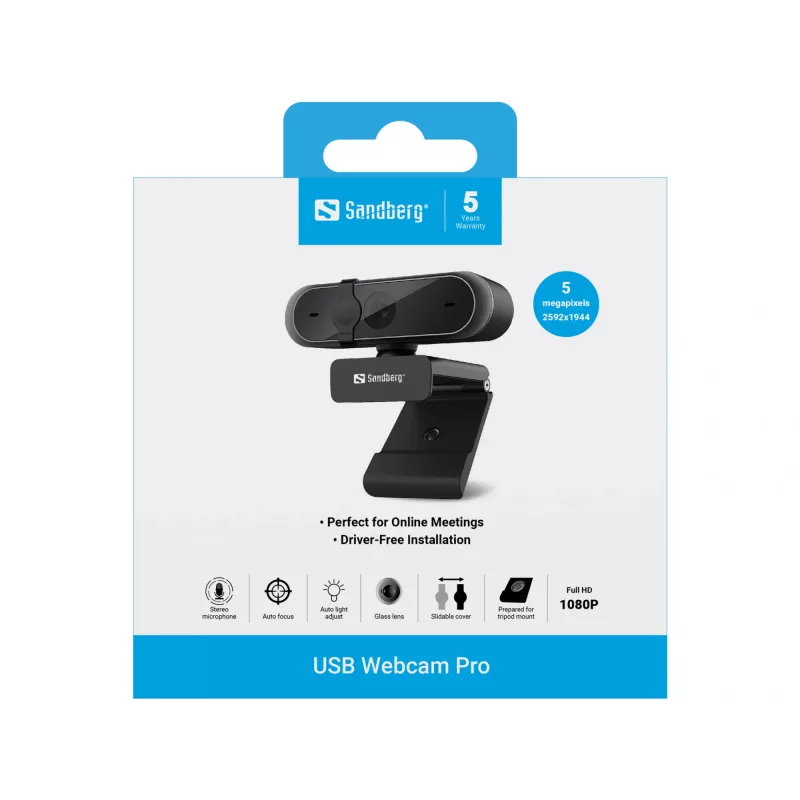 Sandberg USB Webcam Pro, 5 MP, 2592 x 1944 pixels, Full HD, 30 fps, 1920x1080@30fps, 2595x1944@30fps, 1080p