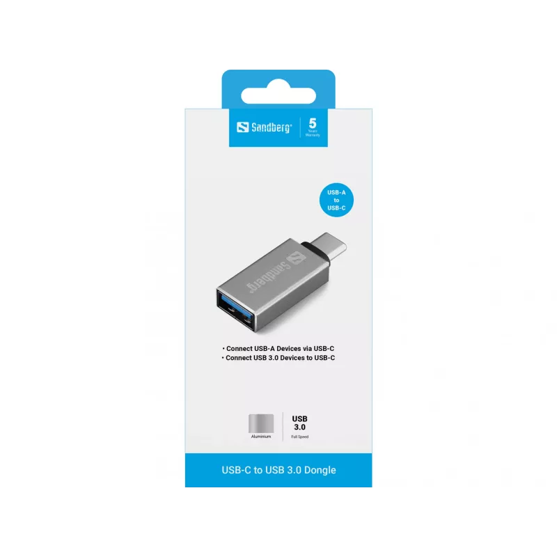 Sandberg USB-C to USB 3.0 Dongle, USB 3.2 Gen 1 (3.1 Gen 1) Type-C, USB 3.2 Gen 1 (3.1 Gen 1) Type-A, Silver, Aluminium, 5 g, 80 mm