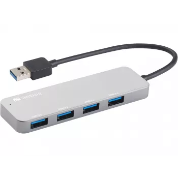 Sandberg USB 3.0 Hub 4 ports SAVER, USB 3.2 Gen 1 (3.1 Gen 1) Type-A, USB 3.2 Gen 1 (3.1 Gen 1) Type-A, 5000 Mbit/s, Silver, Aluminium, 40 g