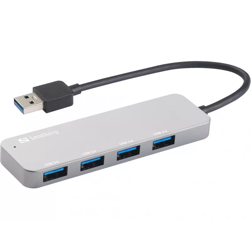 Sandberg USB 3.0 Hub 4 ports SAVER, USB 3.2 Gen 1 (3.1 Gen 1) Type-A, USB 3.2 Gen 1 (3.1 Gen 1) Type-A, 5000 Mbit/s, Silver, Aluminium, 40 g