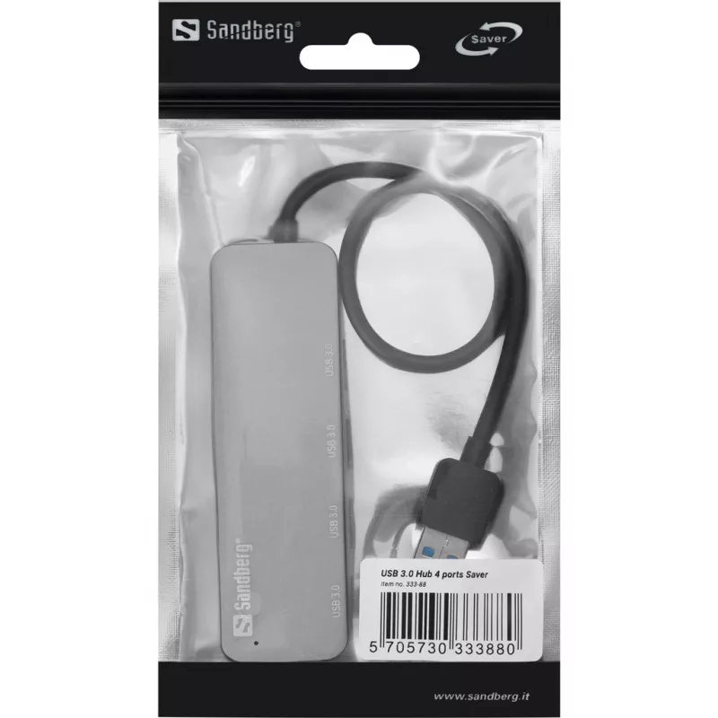 Sandberg USB 3.0 Hub 4 ports SAVER, USB 3.2 Gen 1 (3.1 Gen 1) Type-A, USB 3.2 Gen 1 (3.1 Gen 1) Type-A, 5000 Mbit/s, Silver, Aluminium, 40 g
