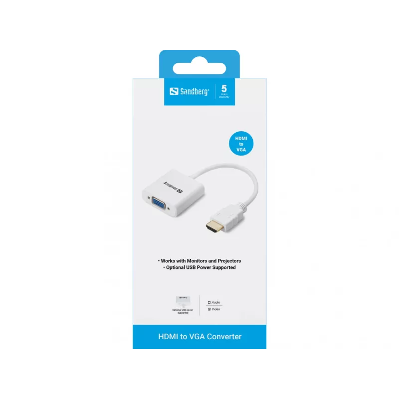 Sandberg HDMI to VGA Converter, VGA (D-Sub), HDMI Type A (Standard), Male, Female, White, RoHS