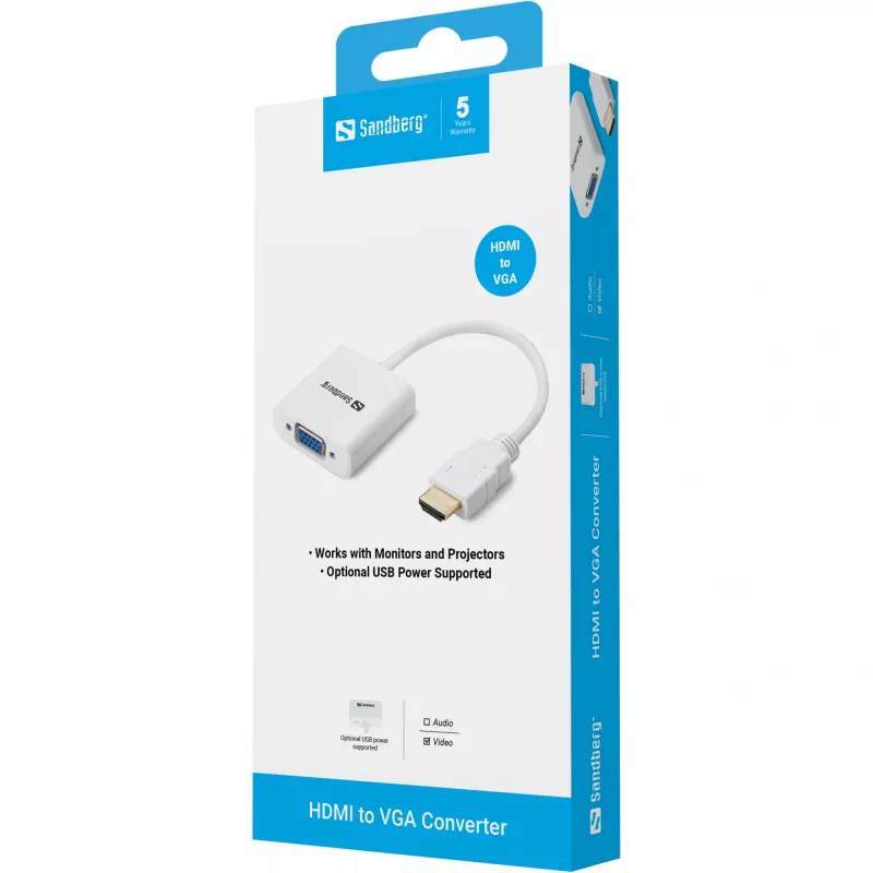 Sandberg HDMI to VGA Converter, VGA (D-Sub), HDMI Type A (Standard), Male, Female, White, RoHS