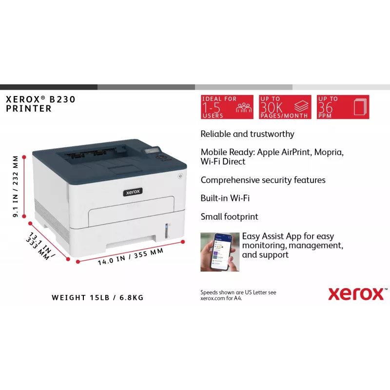 Xerox B230 A4 34ppm Wireless Duplex Printer PCL5e/6 2 Trays Total 251 Sheets
