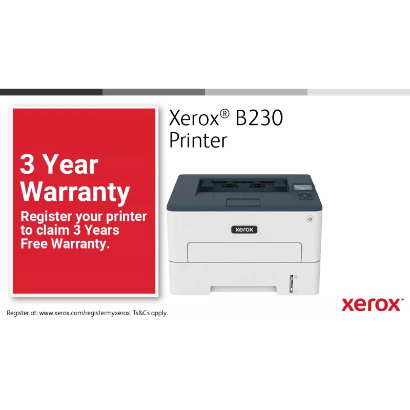 Xerox B230 A4 34ppm Wireless Duplex Printer PCL5e/6 2 Trays Total 251 Sheets
