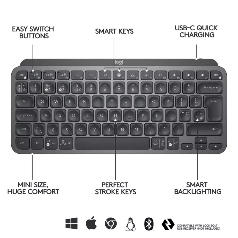 LOGITECH Minimalist Wireless Illuminated Keyboard - MX KEYS MINI - Graphite - Qwertz Deutsch