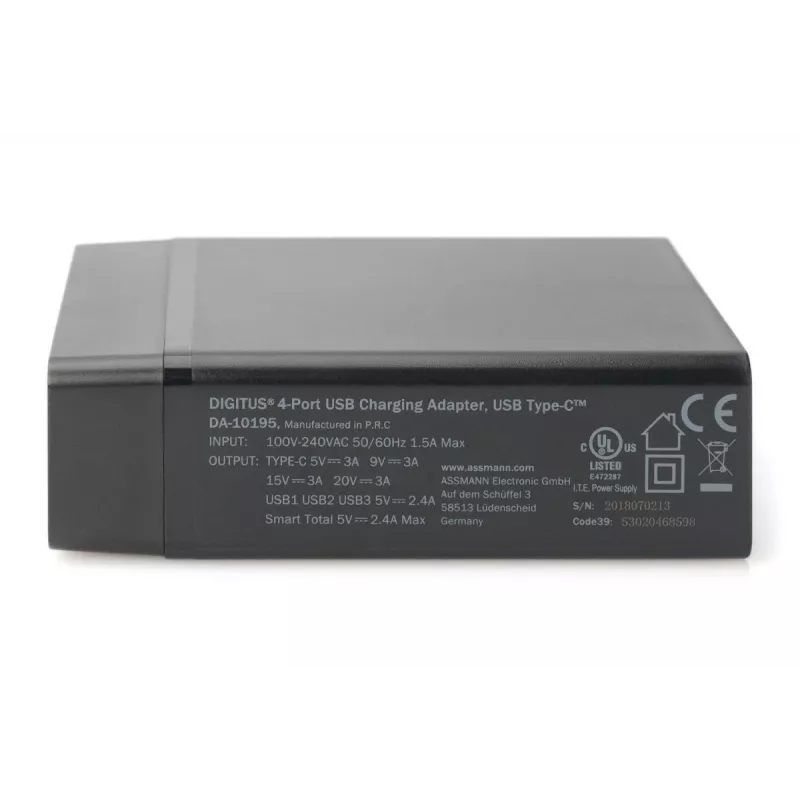 DIGITUS 4-Port USB Charger, 72W 1x USB-C (PD) 5,9,15,20V/3A, 3x USB-A 5V/2.4A, black