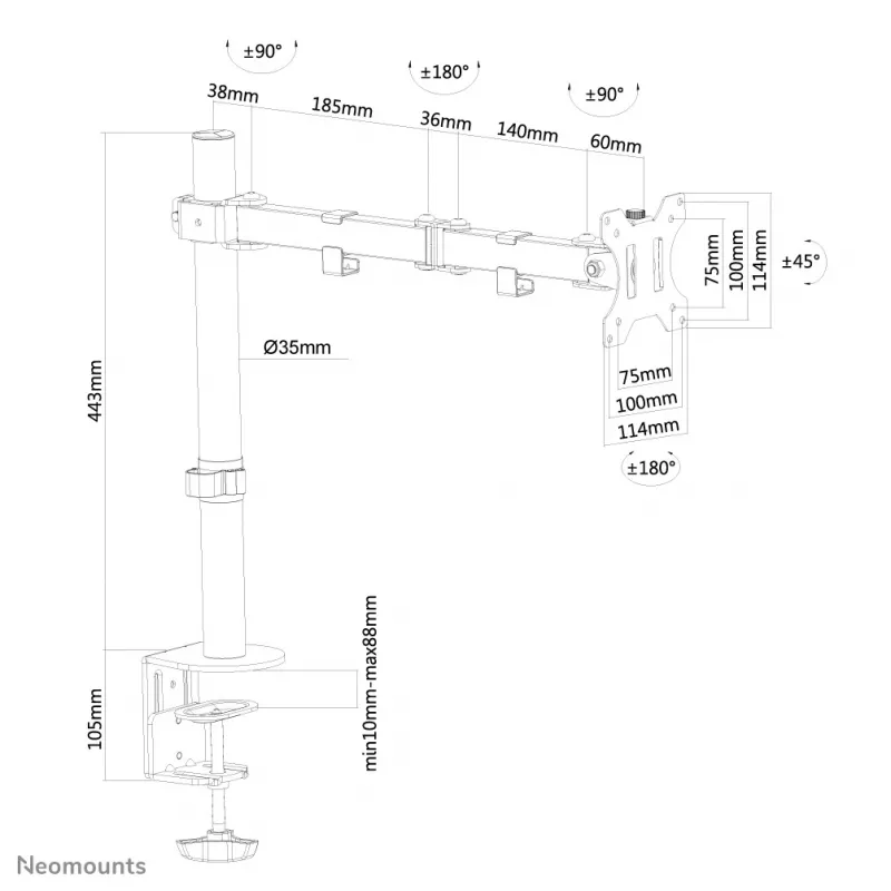 Neomounts FPMA-D550BLACK Monitor arm 10-32 inch, Clamp/Grommet, 8 kg, 25.4 cm (10 inch), 81.3 cm (32 inch), 100 x 100 mm, Black