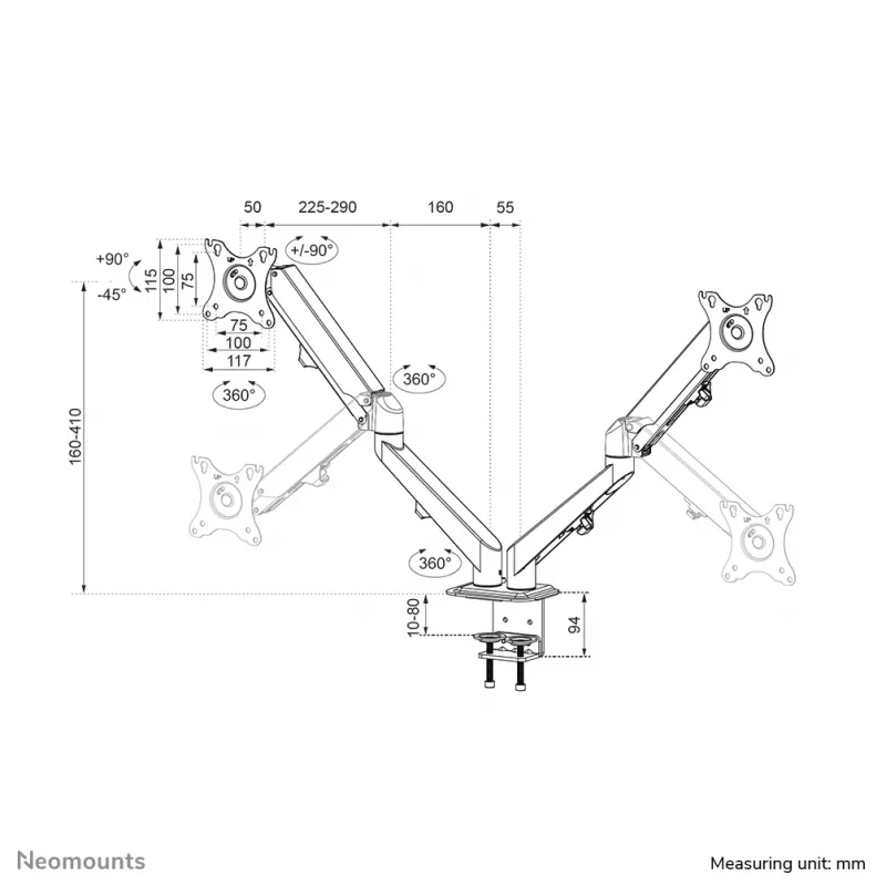 Neomounts DS70-700BL2 Monitor arm 17-27 inch - gas spring, Clamp, 7 kg, 43.2 cm (17 inch), 68.6 cm (27 inch), 100 x 100 mm, Black