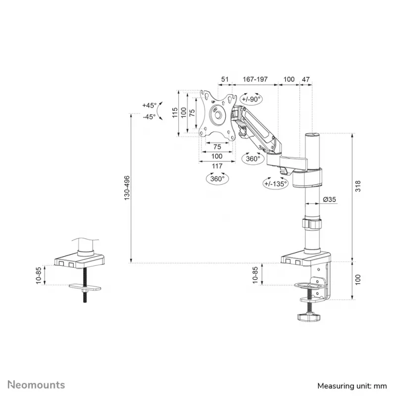 Neomounts DS70-750BL1 Monitor arm 17-27 inch - gas spring, Clamp/Grommet, 7 kg, 43.2 cm (17 inch), 68.6 cm (27 inch), 100 x 100 mm, Black