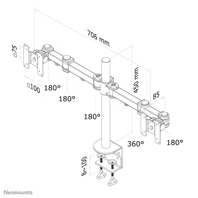 Neomounts FPMA-D960D Monitor arm 10-27 inch, Clamp, 8 kg, 25.4 cm (10 inch), 68.6 cm (27 inch), 100 x 100 mm, Black