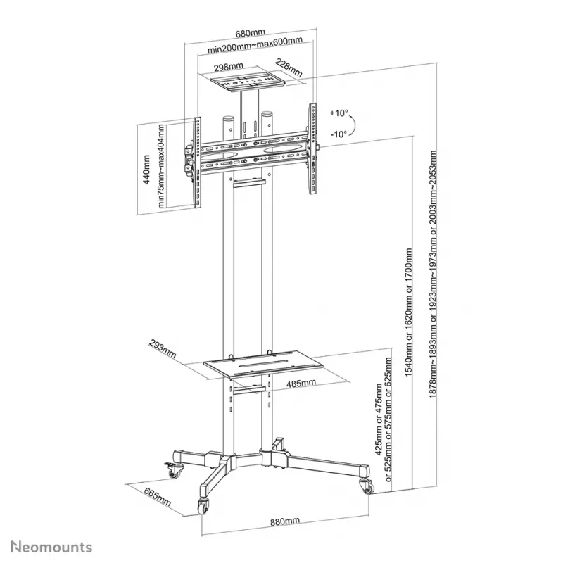Neomounts PLASMA-M1700E TV trolley 32-70 inch, Black, Portable floor stand, Steel, 50 kg, 81.3 cm (32 inch), 177.8 cm (70 inch)