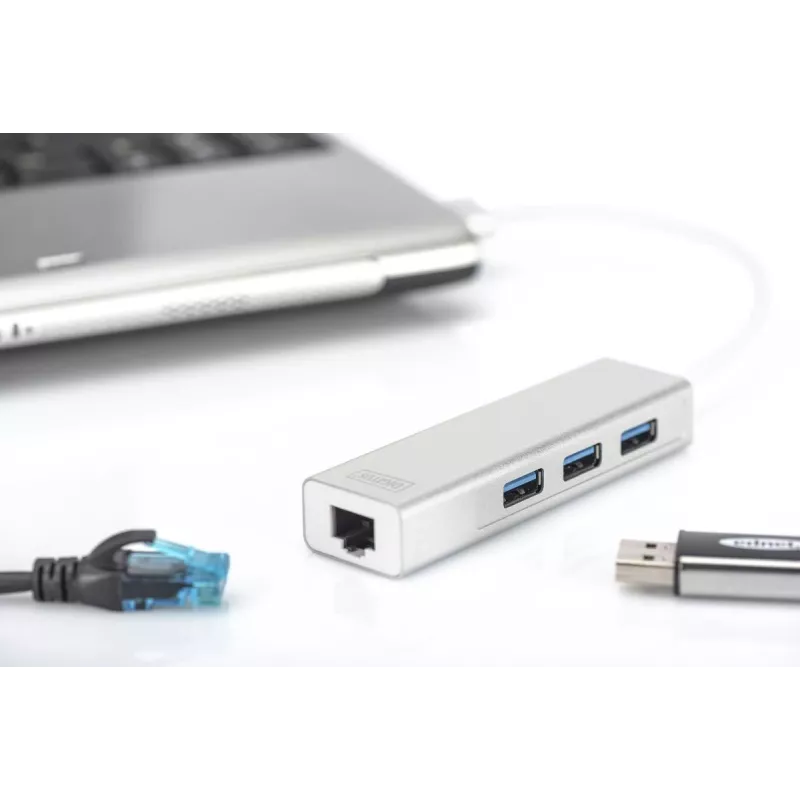 DIGITUS USB 3.0, 3-ports HUB & Gigabit LAN adapter 3xUSB A/F,1xUSB A/M,1xRJ45 LAN Supports Windows and Mac OS