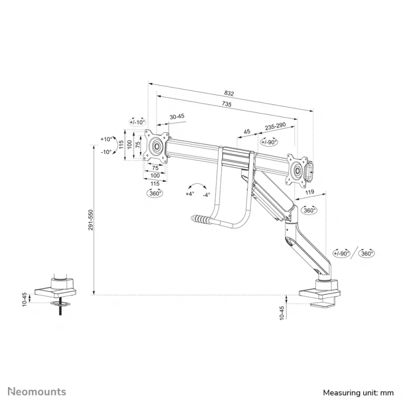Neomounts DS75-450BL2 Monitor arm 17-32 inch - gas spring - Topfix - 180°-stop