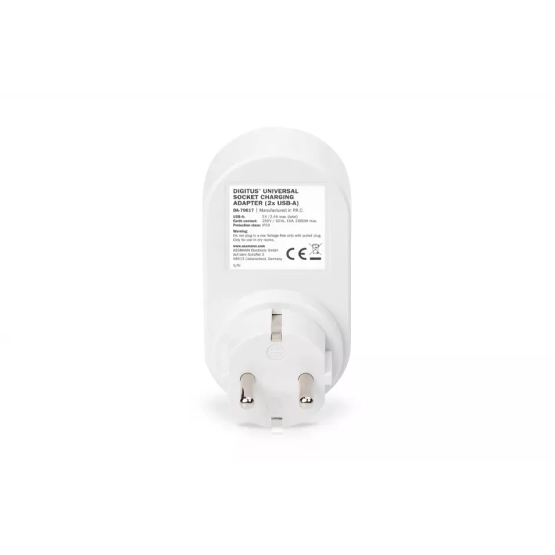 DIGITUS Power Adapter with 2 USB Ports 250V, 50 Hz, USB: 5V, 2.1A, white / grey