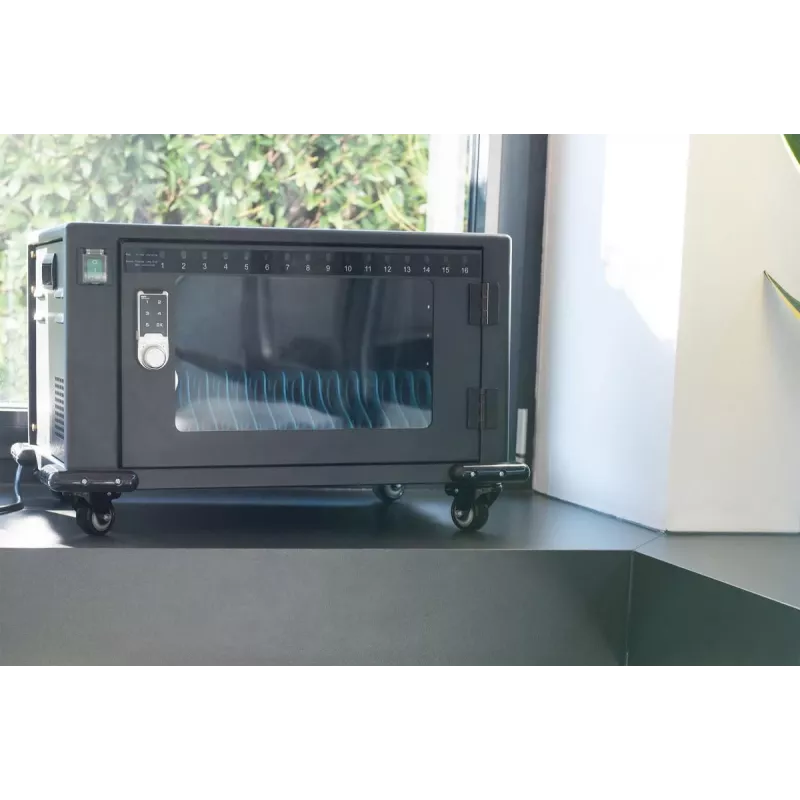 DIGITUS Charging trolley, 16 charge bases, 14in, black 384 x 550 x 375 mm, electr. lock, incl. USB, fan