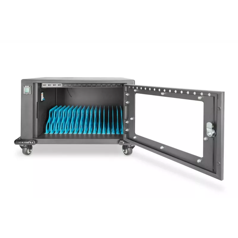 DIGITUS Charging trolley, 16 charge bases, 14in, black 384 x 550 x 375 mm, electr. lock, incl. USB, fan
