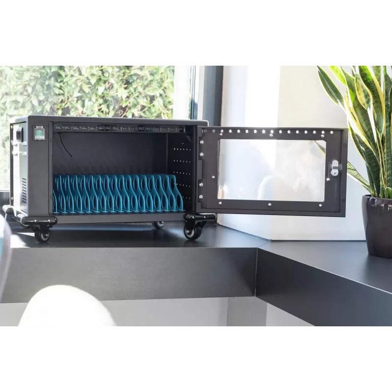 DIGITUS Charging trolley, 16 charge bases, 14in, black 384 x 550 x 375 mm, electr. lock, incl. USB, fan