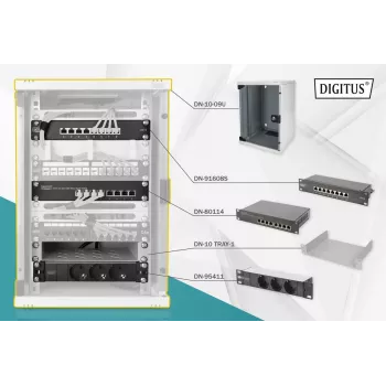 DIGITUS Network Set 10 inch 9U Wall-Mount Cabinet with Shelf, PDU, Switch and Patch Panel, 312x300mm