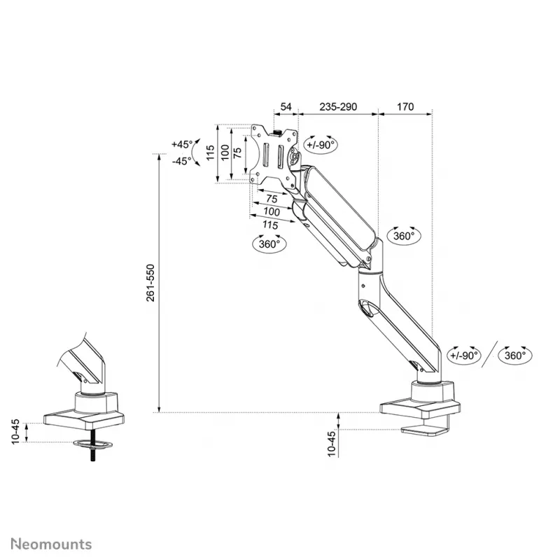Neomounts DS70PLUS-450WH1 Monitor arm 17-49 inch - gas spring - Topfix - 180°-stop