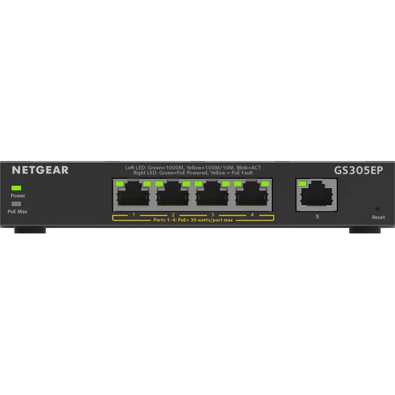 NETGEAR 5-Port Gigabit Ethernet PoE+ Plus Switch (GS305EP) Managed L2/L3 Gigabit Ethernet (10/100/1000) Power over Ethernet (PoE) Black