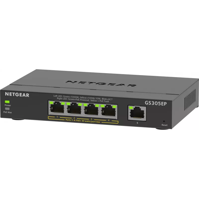 NETGEAR 5-Port Gigabit Ethernet PoE+ Plus Switch (GS305EP) Managed L2/L3 Gigabit Ethernet (10/100/1000) Power over Ethernet (PoE) Black