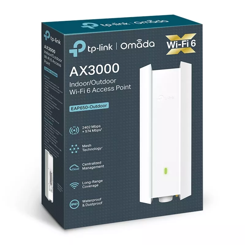 TP-Link Omada AX3000 Indoor/Outdoor WiFi 6 Access Point, 2.4 GHz, 5 GHz, 3000 Mbit/s, WPA, WPA-Enterprise, WPA2, WPA2-Enterprise, WPA3, WPA3-Enterprise, 10,100,1000 Mbit/s
