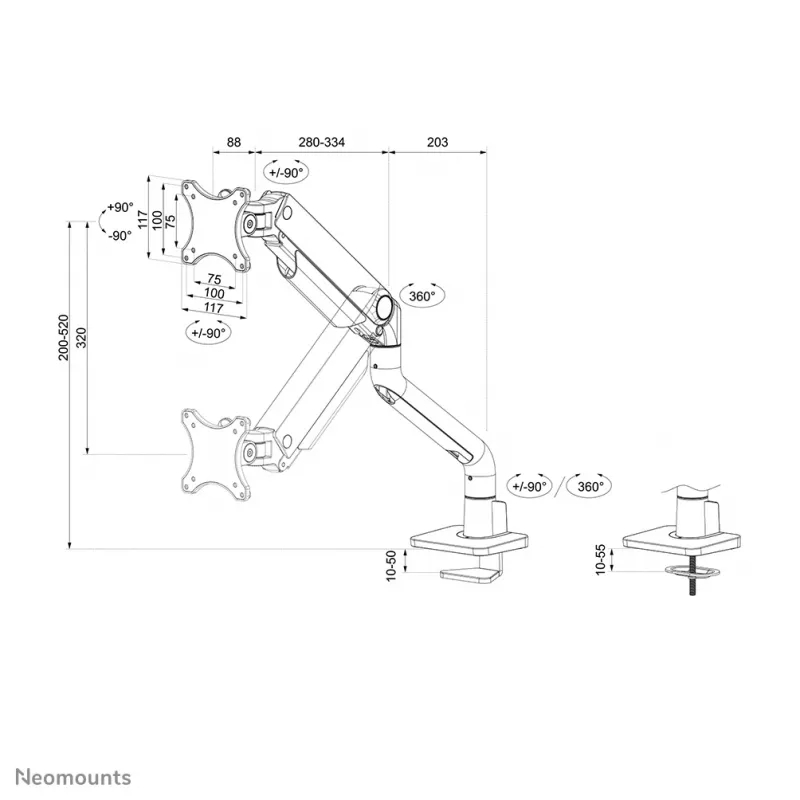 Neomounts DS70S-950BL1 Monitor arm 17-49 inch - gas spring - Topfix - 180°-stop