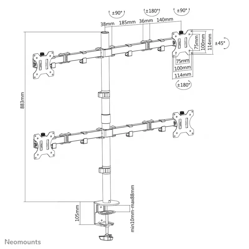 Neomounts FPMA-D550D4BLACK Monitor arm 13-32 inch, Clamp/Grommet, 6 kg, 33 cm (13 inch), 81.3 cm (32 inch), 100 x 100 mm, Black