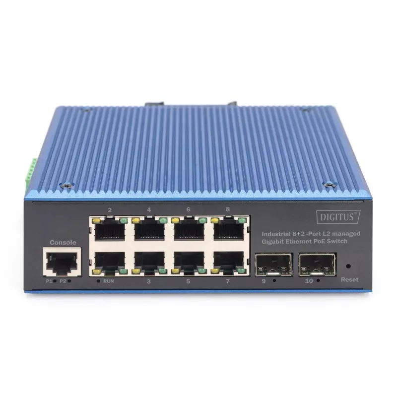 DIGITUS Industrial 8+2-Port Gigabit L2 managed Ethernet POE Switch 8xGE RJ45 + 2 SFP Port IEEE802.3at (30W)