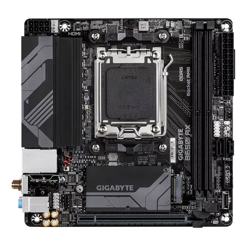 GIGABYTE B650I AX Motherboard - AMD Ryzen 9000 Series CPUs, 5+2+1 Phases VRM, up to 6400MHz DDR5 (OC), 1xPCIe 4.0 M.2, 2.5GbE LAN, WIFI 6E, USB 3.2 Gen 2