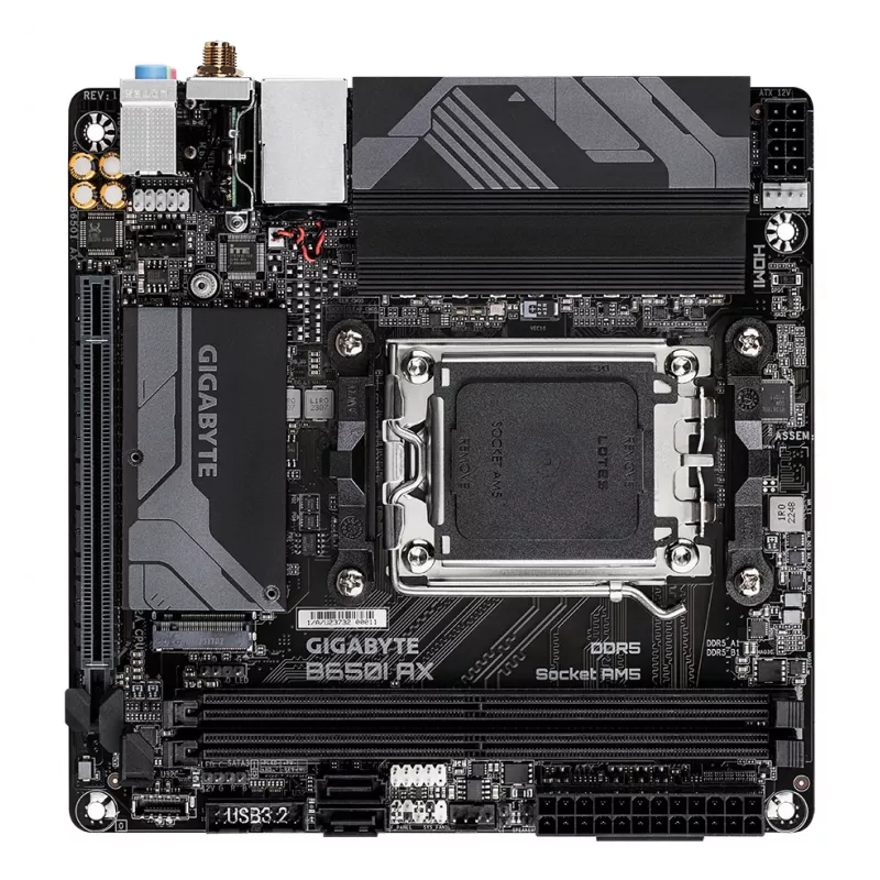 GIGABYTE B650I AX Motherboard - AMD Ryzen 9000 Series CPUs, 5+2+1 Phases VRM, up to 6400MHz DDR5 (OC), 1xPCIe 4.0 M.2, 2.5GbE LAN, WIFI 6E, USB 3.2 Gen 2