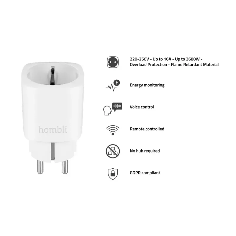 Smart plug Hombli Smart Socket EU by Avanca International BV — Wi‑Fi, 220–250 V, 50–60 Hz, max 3540 W, indoor, white, plastic, 46×46×84 mm