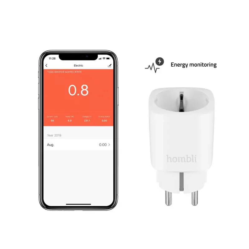 Smart plug Hombli Smart Socket EU by Avanca International BV — Wi‑Fi, 220–250 V, 50–60 Hz, max 3540 W, indoor, white, plastic, 46×46×84 mm