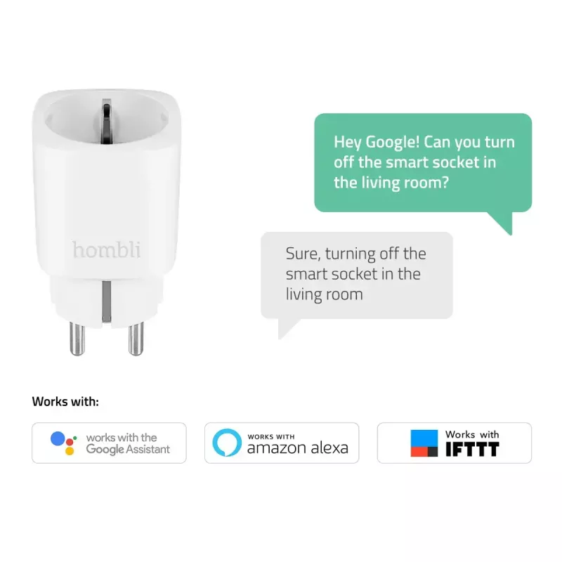 Smart plug Hombli Smart Socket EU by Avanca International BV — Wi‑Fi, 220–250 V, 50–60 Hz, max 3540 W, indoor, white, plastic, 46×46×84 mm