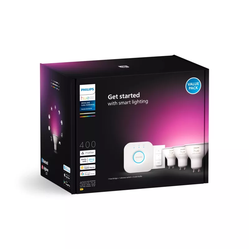 Philips Hue White and colour ambience Starter kit: 3 GU10 smart spotlights + dimmer switch
