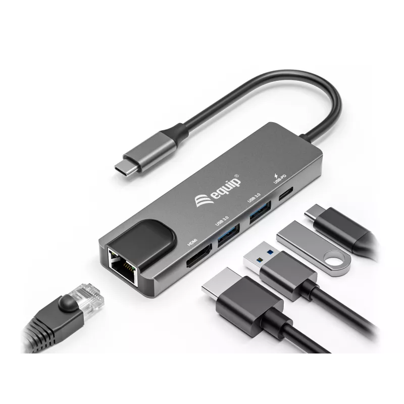 Equip USB-C 5 in1 Multifunction Adapter, HDMI, Gigabit LAN, USB 3.2 GEN1, 100W USB PD