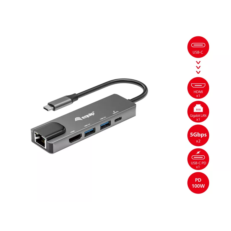 Equip USB-C 5 in1 Multifunction Adapter, HDMI, Gigabit LAN, USB 3.2 GEN1, 100W USB PD