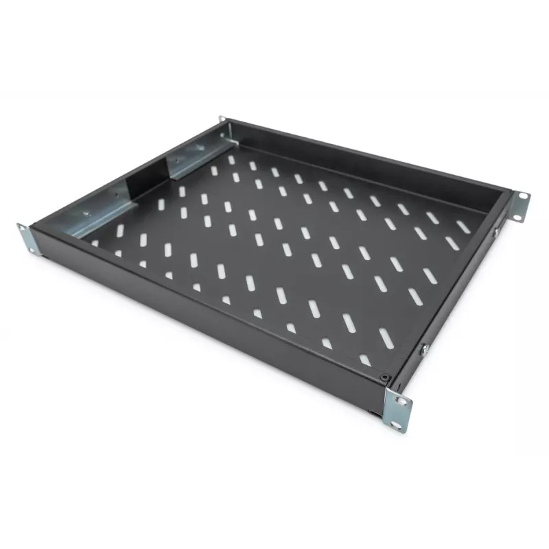 DIGITUS DN-97645 1U Fixed Rack Shelf, 50 kg Load, Adjustable 350-550 mm Depth, Black RAL 9005